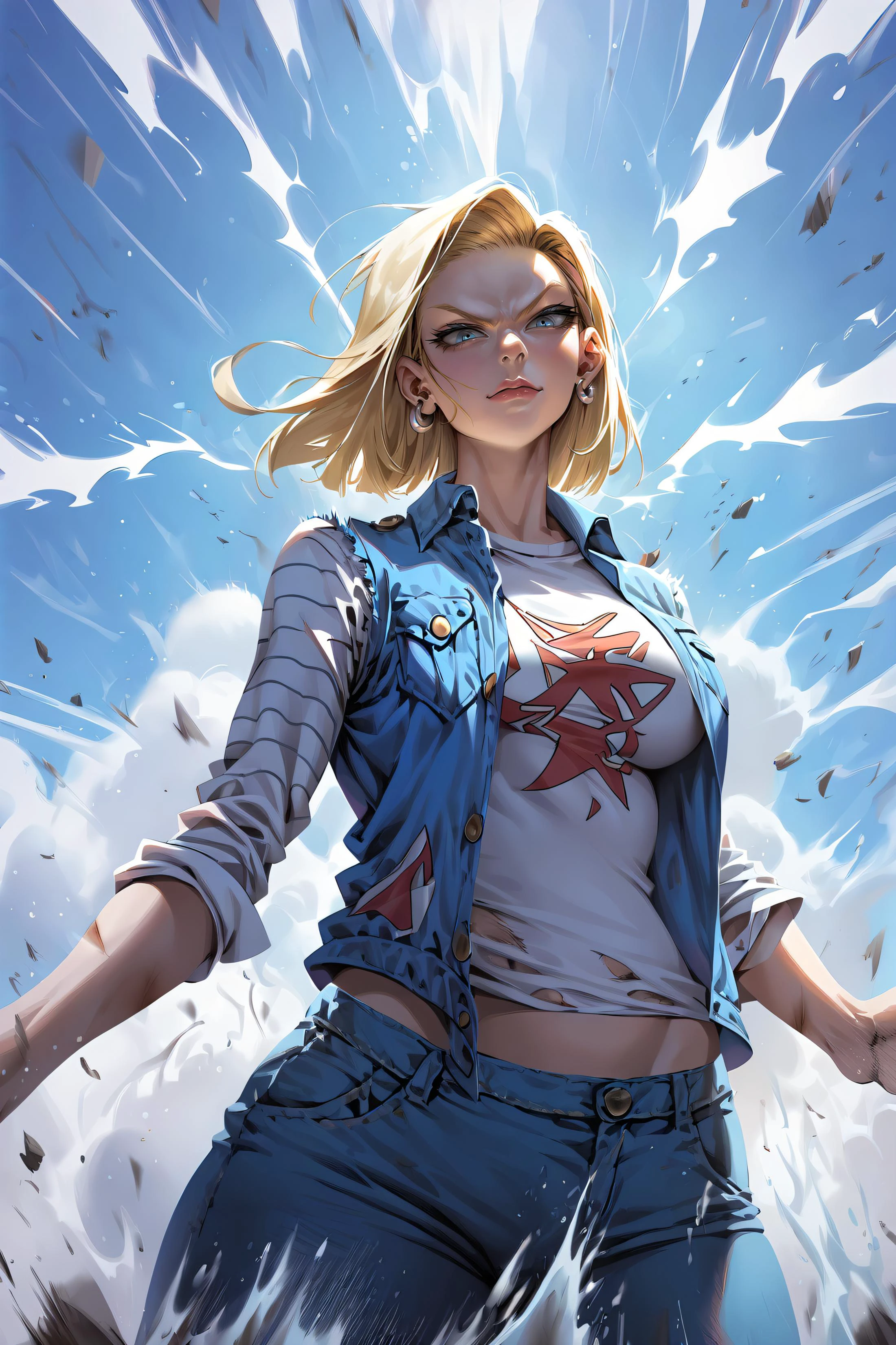 score_9, score_8_up, feral pony, show accurate,
<lora:xl_kelala_pony_ceshi(pony)-000005:1>, Korean style,
woman as android 18 running forward, ((blonde hair)), short hair, looking at viewer,
(protruding upper circumference:2), large breasts:2, sagging breasts, very long eyelashes, closed mouth,
blue eyes, fierce eyes, upturned eyes, v-shaped eyebrows, serious, angry, earrings, dirty face, dirty skin,
tight, blue top, shirt, open denim_jacket, denim_skirt, gauze, wounded, body wounds,
outdoors, cinematic angle, cinematic lighting, outdoors, cloud, moon, night sky, shooting star,
flying rubble, broken, splashing gravel, terrifying power, destruction, motion lines, speed lines, white panties,
A lightning blue energy ball with a sense of speed is pushed out from the fist.