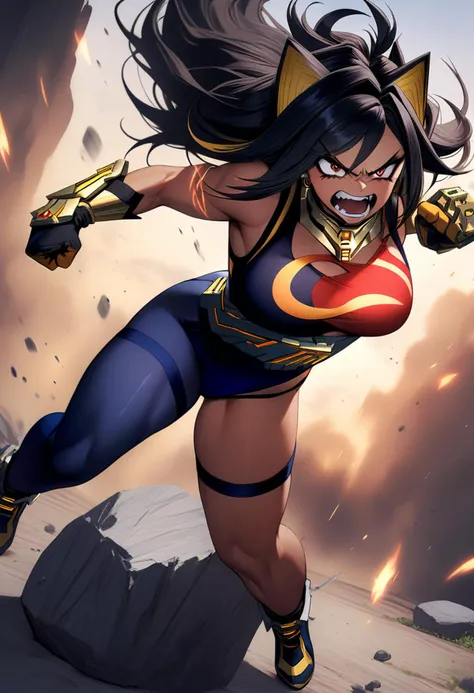 masterpiece, best quality, very aesthetic, absurdres, full body view, 1girl,dehya, white leotard, blue leotard, crescent print, highleg, turtleneck, sleeveless, gloves, blue thighhighs, muscular, smashing boulders with her fists, angry expression, shouting