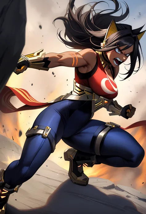 masterpiece, best quality, very aesthetic, absurdres, full body view, 1girl,dehya, white leotard, blue leotard, crescent print, highleg, turtleneck, sleeveless, gloves, blue thighhighs, muscular, smashing boulders with her fists, angry expression, shouting