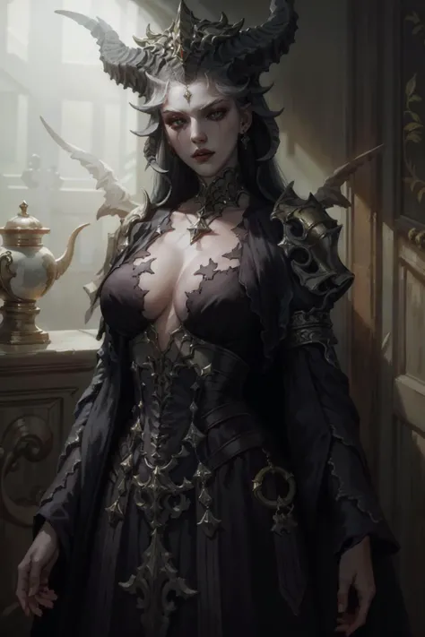 young female tiefling with (gold eyes:1.5), (human like face:1.2), (tall and mischievous:1.5), (grey skin:1.4), (big perfect breasts:1.4), (long black emo hair:1.7), (horns:1.4), (black intricate ornate lingerie:1.5), (in a medieval castle1.2), (doing a sexy pose:1.2), (dynamic lighting:1.5), (centered in frame), (highly detailed:1.4), 8k wallpaper, (detailed face and eyes:1.4),