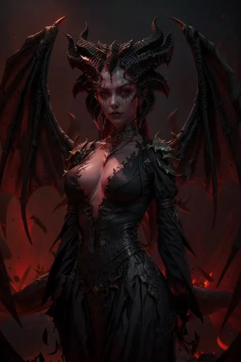 LilithDiablo, 1girl, horns, wings, solo, jewelry, necklace, red theme, demon wings, looking at viewer, demon girl, demon horns, colored skin, breasts, upper body, red background
masterpiece, best quality,
<lora:add_detail:0.7>,<lora:epi_noiseoffset2:1>, <lora:LilithDiablo:0.7>