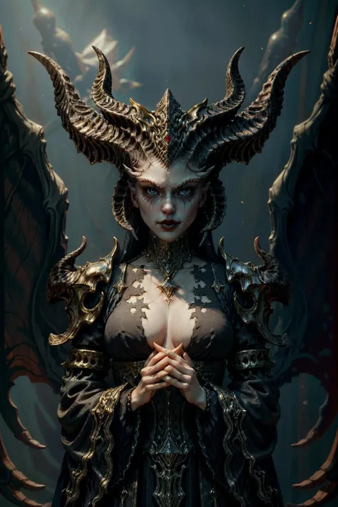 (masterpiece, best quality)
LilithDiablo, 1girl, horns, solo, breasts, blue eyes, center opening, looking at viewer, medium breasts, jewelry, closed mouth, wide sleeves, own hands together, armor, demon horns, multiple horns, lips, dress, long sleeves
<lora:epi_noiseoffset2:1>, <lora:add_detail:0.7>, <lora:LilithDiablo:1>