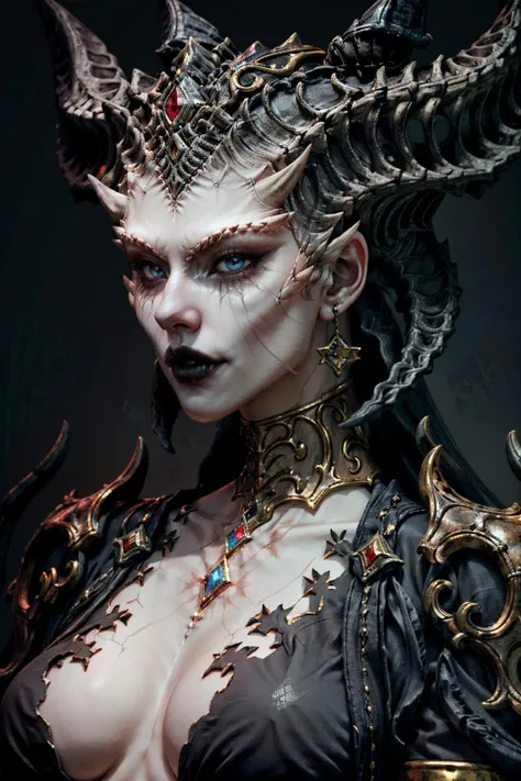 (masterpiece, best quality)
LilithDiablo, 1girl, solo, breasts, blue eyes, simple background, dress, cleavage, jewelry, medium breasts, closed mouth, collarbone, upper body, white hair, horns, armor, lips, looking to the side, makeup, colored skin, looking away, lipstick, shoulder armor, gem, pale skin, colored sclera, pauldrons, black sclera, red lips, shoulder pads, black lips, cracked skin
<lora:epi_noiseoffset2:1>, <lora:add_detail:0.7>, <lora:LilithDiablo:1>