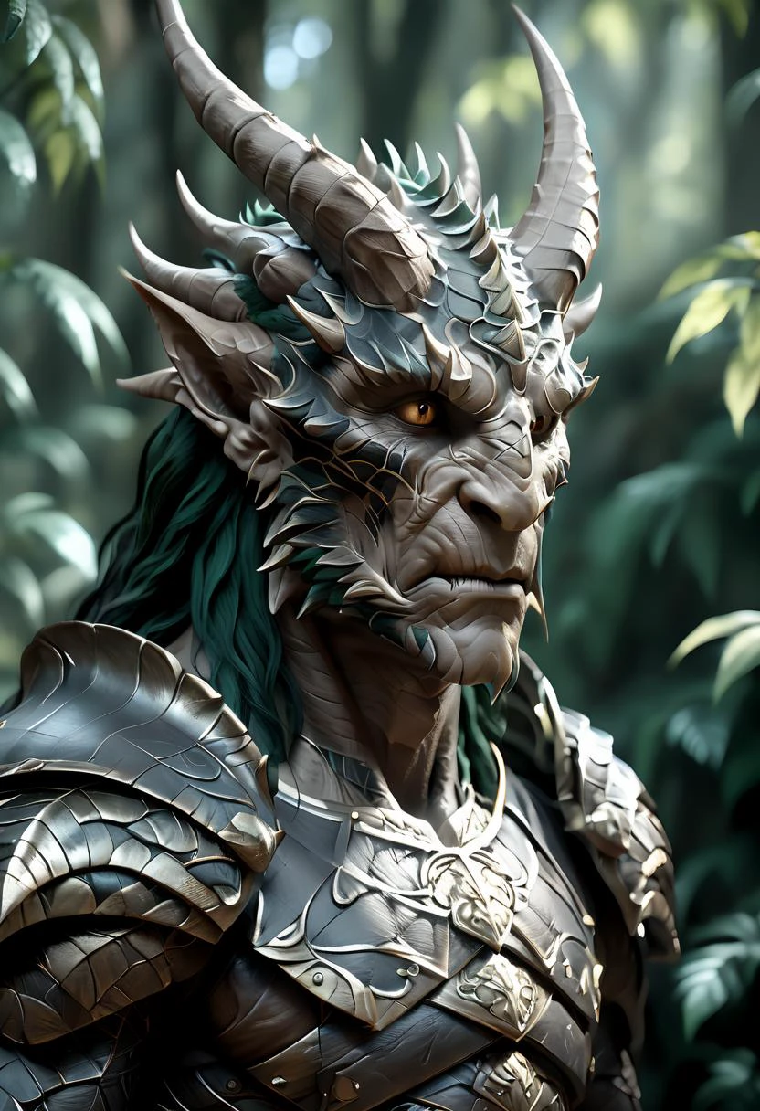 A stunning image of a dragonkin|human hybrid warrior emerges from the shadows of an ancient elven forest, Adorned with fierce horns, he exude power and strength. dim lighting casts eerie shadows across his form, adding to their enigmatic presence. This visual masterpiece is created using Octane Render for ultra-realistic detail and sharp focus. Every element of the scene - from the intricate foliage to the warrior's musculature - is rendered with painstaking accuracy, transporting viewers into a world of high fantasy and adventure. embedding:SimplePositiveXLv2, <lora:RPGDragonkinXL:0.5> <lora:Randommaxx_dark_offset_v1.1_lora_fp16:0.6> <lora:SDS_Contrast tool_XL:1>