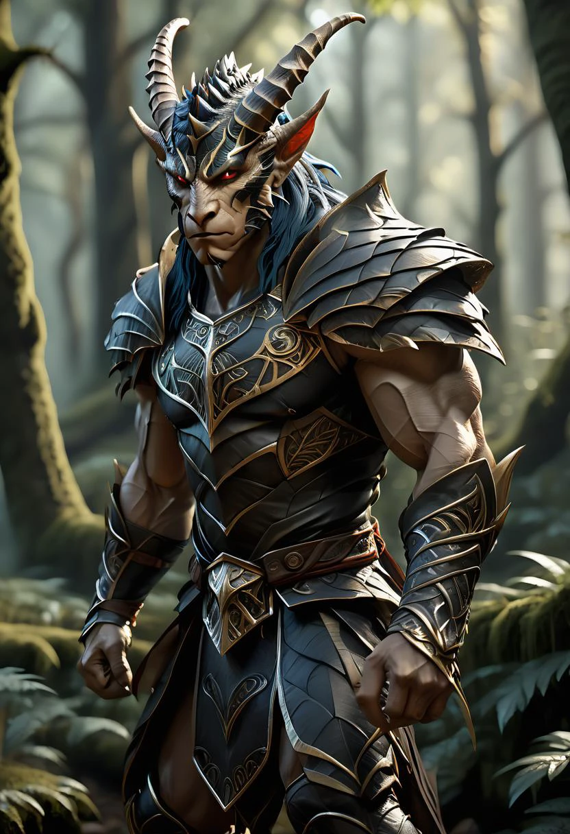 A stunning image of a dragonkin|human hybrid warrior emerges from the shadows of an ancient elven forest, Adorned with fierce horns, he exude power and strength. dim lighting casts eerie shadows across his form, adding to their enigmatic presence. This visual masterpiece is created using Octane Render for ultra-realistic detail and sharp focus. Every element of the scene - from the intricate foliage to the warrior's musculature - is rendered with painstaking accuracy, transporting viewers into a world of high fantasy and adventure. embedding:SimplePositiveXLv2, <lora:RPGDragonkinXL:0.5> <lora:Randommaxx_dark_offset_v1.1_lora_fp16:0.6> <lora:SDS_Contrast tool_XL:1>
