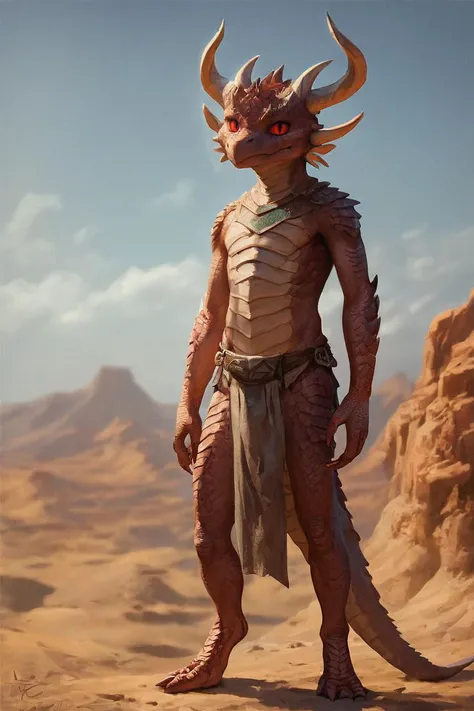 score_9, score_8_up, source_anime, rating_safe, Fantasy, Dragonkin, horns, slit pupils, scales, anthro <lora:RPGDragonkinXL:1>, 1boy, Red eyes, Loin cloth, bare foot, Standing, centered, portrait, Desert, distant ship, photorealistic, impressionist painting, Morning, up close, detailed face, face focus, full body, solo, looking at viewer, facing viewer,