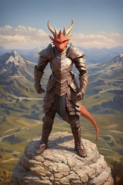 score_9, score_8_up, source_anime, rating_safe, Fantasy, Dragonkin, horns, slit pupils, scales, anthro <lora:RPGDragonkinXL:1>, 1boy,  Red eyes, Metal armor, boots, gloves, Action pose, centered, portrait,  Mountains, distant huge statues, photorealistic, impressionist painting, Noon, up close, detailed face, face focus, full body, solo, looking at viewer, facing viewer,