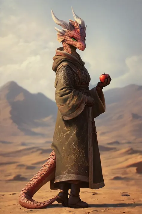 score_9, score_8_up, source_anime, rating_safe, Fantasy, Dragonkin, horns, slit pupils, scales, anthro <lora:RPGDragonkinXL:1>, 1girl, green eyes, Robe, boots, gloves, Prayer, holding apple, centered, portrait, Short, Desert, , photorealistic, from the side. impressionist painting, Morning, up close, detailed face, face focus, full body, solo, looking at viewer,