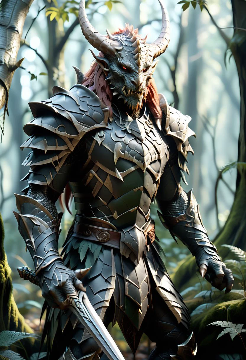 A stunning image of a dragonkin|human hybrid warrior emerges from the shadows of an ancient elven forest, Adorned with fierce horns, he exude power and strength. dim lighting casts eerie shadows across his form, adding to their enigmatic presence. This visual masterpiece is created using Octane Render for ultra-realistic detail and sharp focus. Every element of the scene - from the intricate foliage to the warrior's musculature - is rendered with painstaking accuracy, transporting viewers into a world of high fantasy and adventure. embedding:SimplePositiveXLv2, <lora:RPGDragonkinXL:0.5> <lora:Randommaxx_dark_offset_v1.1_lora_fp16:0.6> <lora:SDS_Contrast tool_XL:1>
