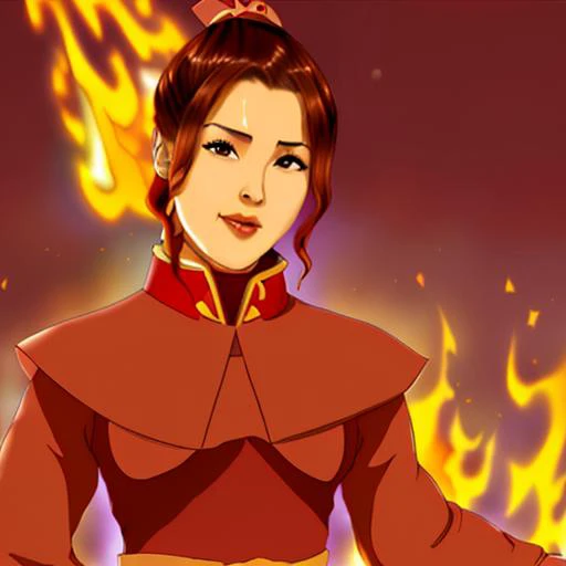 <lora:azula-15:.8>  (IshikawaRika) with a hair bun, dressed in a fire nation costume