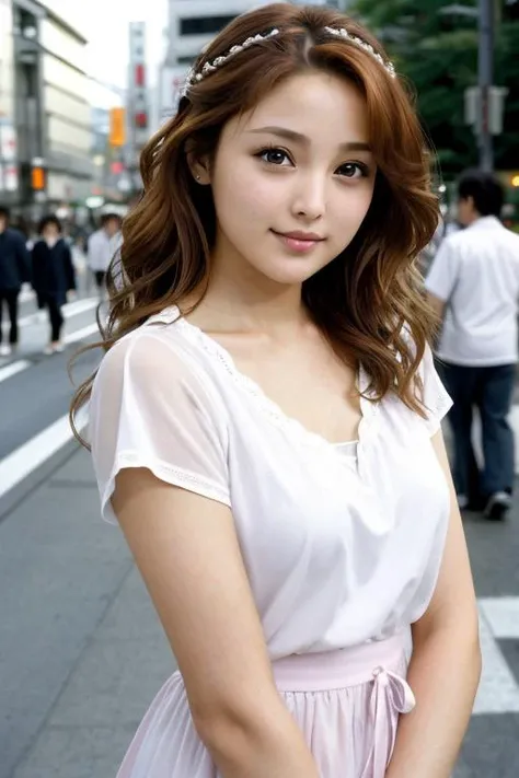 masutepiece, ultra-detailliert, Best Quality, raw phote, (Photorealistic:1.1), Insanely detailed, 1girl, Beautiful, Cute, blouse, ennui, open mouth slightly, smile, medium hair, How the ends of the hair are blown up by the wind, (Brown eyes), pale skin, from the front side, Soft light, depth of fields ,park, crowd of people