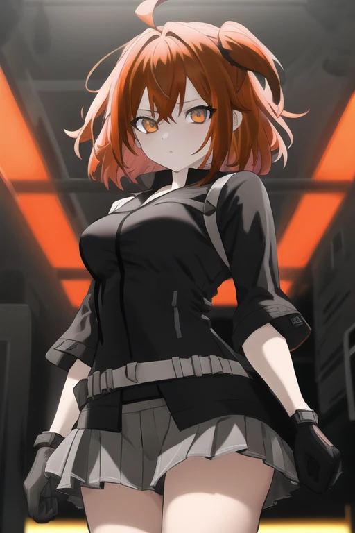 masterpiece, best quality, illustration, extremely detailed 8k CG, highres, absurdres, <lora:gudako2-000008:1>, 1girl, solo, vivid colour, orange hair, short hair, grey miniskirt, solo, black gloves, serious, expressionless, beautiful, amazing, beautiful detailed eyes, ahoge, depth of field, dynamic pose, beautiful detailed lighting, cinematic lighting, yellow eyes, looking at viewer, standing