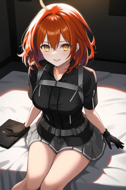 masterpiece, best quality, illustration, extremely detailed 8k CG, highres, absurdres, <lora:gudako2-000008:1>, 1girl, solo, vivid colour, orange hair, short hair, grey miniskirt, solo, black gloves, (seductive smile:1.1), beautiful, amazing, beautiful detailed eyes, ahoge, depth of field, dynamic pose, beautiful detailed lighting, cinematic lighting, yellow eyes, looking at viewer, sitting, bedroom, white bed sheet,