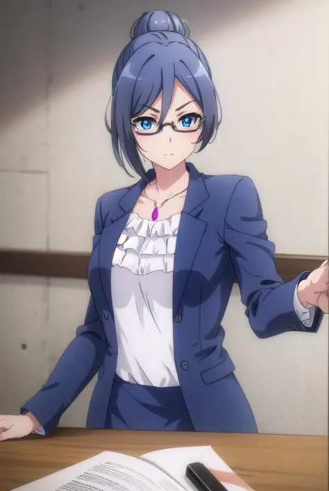 beatriceroegner, <lora:beatrice roegner s2-lora-nochekaiser:1>,
beatrice roegner, short hair, blue eyes, blue hair, glasses, hair bun, single hair bun, semi-rimless eyewear,
BREAK skirt, shirt, jewelry, collarbone, jacket, white shirt, pantyhose, necklace, blue skirt, black pantyhose, formal, single hair bun, suit, blue jacket, pencil skirt, teacher, skirt suit,
BREAK indoors, classroom,
BREAK looking at viewer,
BREAK <lyco:GoodHands-beta2:1>, (masterpiece:1.2), best quality, high resolution, unity 8k wallpaper, (illustration:0.8), (beautiful detailed eyes:1.6), extremely detailed face, perfect lighting, extremely detailed CG, (perfect hands, perfect anatomy),