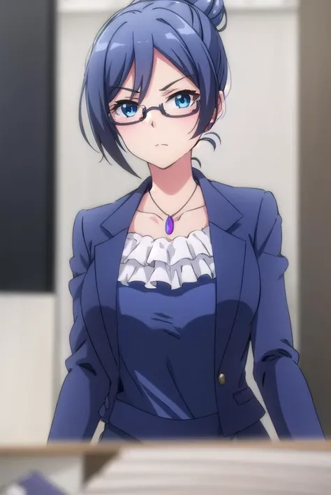 beatriceroegner, <lora:beatrice roegner s2-lora-nochekaiser:1>,
beatrice roegner, short hair, blue eyes, blue hair, glasses, hair bun, single hair bun, semi-rimless eyewear,
BREAK skirt, shirt, jewelry, collarbone, jacket, white shirt, pantyhose, necklace, blue skirt, black pantyhose, formal, single hair bun, suit, blue jacket, pencil skirt, teacher, skirt suit,
BREAK indoors, classroom,
BREAK looking at viewer,
BREAK <lyco:GoodHands-beta2:1>, (masterpiece:1.2), best quality, high resolution, unity 8k wallpaper, (illustration:0.8), (beautiful detailed eyes:1.6), extremely detailed face, perfect lighting, extremely detailed CG, (perfect hands, perfect anatomy),
