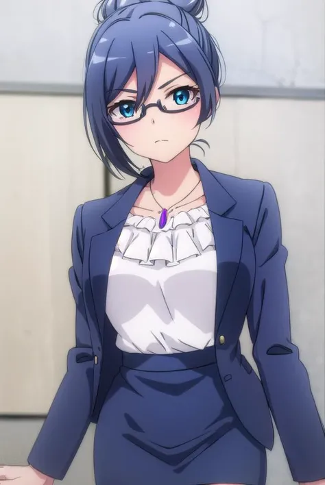 beatriceroegner, <lora:beatrice roegner s2-lora-nochekaiser:1>,
beatrice roegner, short hair, blue eyes, blue hair, glasses, hair bun, single hair bun, semi-rimless eyewear,
BREAK skirt, shirt, jewelry, collarbone, jacket, white shirt, pantyhose, necklace, blue skirt, black pantyhose, formal, single hair bun, suit, blue jacket, pencil skirt, teacher, skirt suit,
BREAK indoors, classroom,
BREAK looking at viewer,
BREAK <lyco:GoodHands-beta2:1>, (masterpiece:1.2), best quality, high resolution, unity 8k wallpaper, (illustration:0.8), (beautiful detailed eyes:1.6), extremely detailed face, perfect lighting, extremely detailed CG, (perfect hands, perfect anatomy),