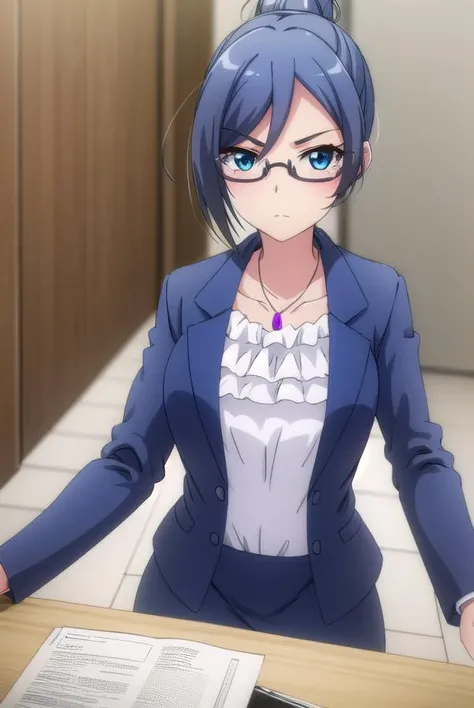 beatriceroegner, <lora:beatrice roegner s2-lora-nochekaiser:1>,
beatrice roegner, short hair, blue eyes, blue hair, glasses, hair bun, single hair bun, semi-rimless eyewear,
BREAK skirt, shirt, jewelry, collarbone, jacket, white shirt, pantyhose, necklace, blue skirt, black pantyhose, formal, single hair bun, suit, blue jacket, pencil skirt, teacher, skirt suit,
BREAK indoors, classroom,
BREAK looking at viewer,
BREAK <lyco:GoodHands-beta2:1>, (masterpiece:1.2), best quality, high resolution, unity 8k wallpaper, (illustration:0.8), (beautiful detailed eyes:1.6), extremely detailed face, perfect lighting, extremely detailed CG, (perfect hands, perfect anatomy),