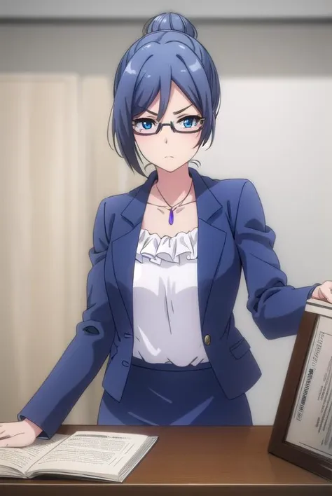 beatriceroegner, <lora:beatrice roegner s2-lora-nochekaiser:1>,
beatrice roegner, short hair, blue eyes, blue hair, glasses, hair bun, single hair bun, semi-rimless eyewear,
BREAK skirt, shirt, jewelry, collarbone, jacket, white shirt, pantyhose, necklace, blue skirt, black pantyhose, formal, single hair bun, suit, blue jacket, pencil skirt, teacher, skirt suit,
BREAK indoors, classroom,
BREAK looking at viewer,
BREAK <lyco:GoodHands-beta2:1>, (masterpiece:1.2), best quality, high resolution, unity 8k wallpaper, (illustration:0.8), (beautiful detailed eyes:1.6), extremely detailed face, perfect lighting, extremely detailed CG, (perfect hands, perfect anatomy),
