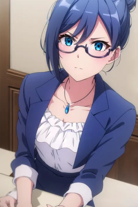 beatriceroegner, <lora:beatrice roegner s2-lora-nochekaiser:1>,
beatrice roegner, short hair, blue eyes, blue hair, glasses, hair bun, single hair bun, semi-rimless eyewear,
BREAK skirt, shirt, jewelry, collarbone, jacket, white shirt, pantyhose, necklace, blue skirt, black pantyhose, formal, single hair bun, suit, blue jacket, pencil skirt, teacher, skirt suit,
BREAK indoors, classroom,
BREAK looking at viewer,
BREAK <lyco:GoodHands-beta2:1>, (masterpiece:1.2), best quality, high resolution, unity 8k wallpaper, (illustration:0.8), (beautiful detailed eyes:1.6), extremely detailed face, perfect lighting, extremely detailed CG, (perfect hands, perfect anatomy),