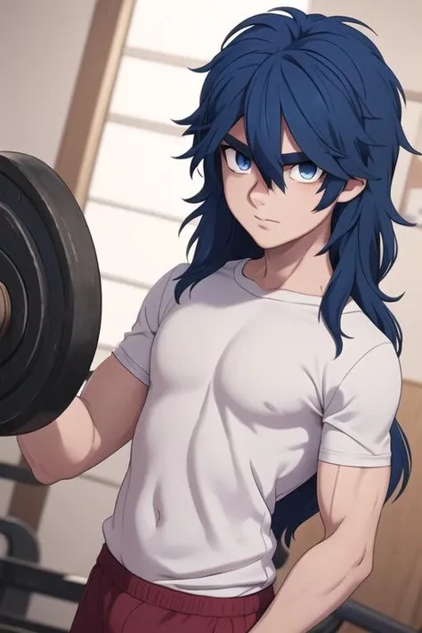masterpiece, best quality, high quality, 1boy, solo, male focus, looking at viewer, upper body, <lora:yui_kemono_jihen:0.76>, yui_kemono_jihen, blue hair, blue eyes, hair between eyes, long hair, , gym uniform