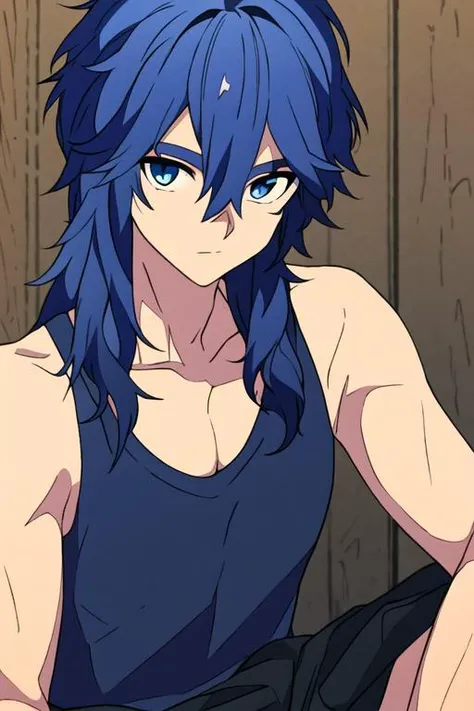 masterpiece, best quality, high quality, 1boy, solo, male focus, looking at viewer, upper body, <lora:yui_kemono_jihen:0.66>, yui_kemono_jihen, blue hair, blue eyes, hair between eyes, long hair, , tank top