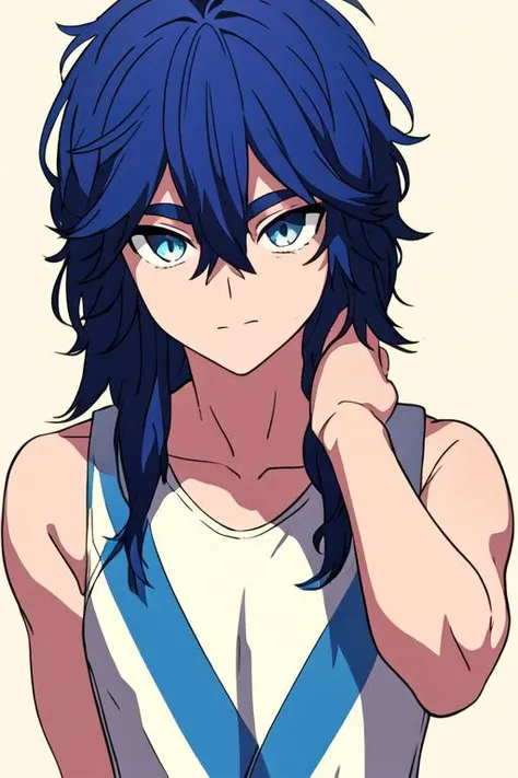 masterpiece, best quality, high quality, 1boy, solo, male focus, looking at viewer, upper body, <lora:yui_kemono_jihen:0.68>, yui_kemono_jihen, blue hair, blue eyes, hair between eyes, long hair, , sportswear