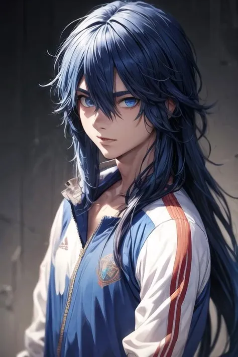masterpiece, best quality, high quality, 1boy, solo, male focus, looking at viewer, upper body, <lora:yui_kemono_jihen:0.60>, yui_kemono_jihen, blue hair, blue eyes, hair between eyes, long hair, realistic, track suit