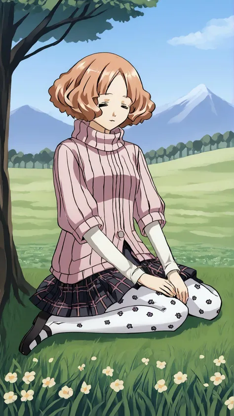 <lora:ChamElfExpressionPonyXL:0.8> =w=, :3, = =, eyes closed, <lora:HaruP5-pdxl:0.8> defHaru, 1girl, solo, short hair, pink ribbed sweater, turtleneck sweater, short over long sleeves, plaid skirt, pleated skirt, print pantyhose, mary janes, hill, meadow, tree, wariza, sitting, Picknick, score 9, score 8 up, score 7 up, score 6 up, score 5 up, score 4 up,