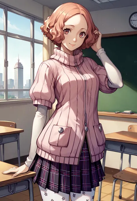 score_9, score_8_up, score_7_up, source_anime, BREAK 1girl, looking at you, adjusting hair, smile, <lora:HaruP5-pdxl:1> defHaru, short hair, pink ribbed sweater, turtleneck sweater, short over long sleeves, plaid skirt, pleated skirt, print pantyhose, indoors, classroom, window, cityscape