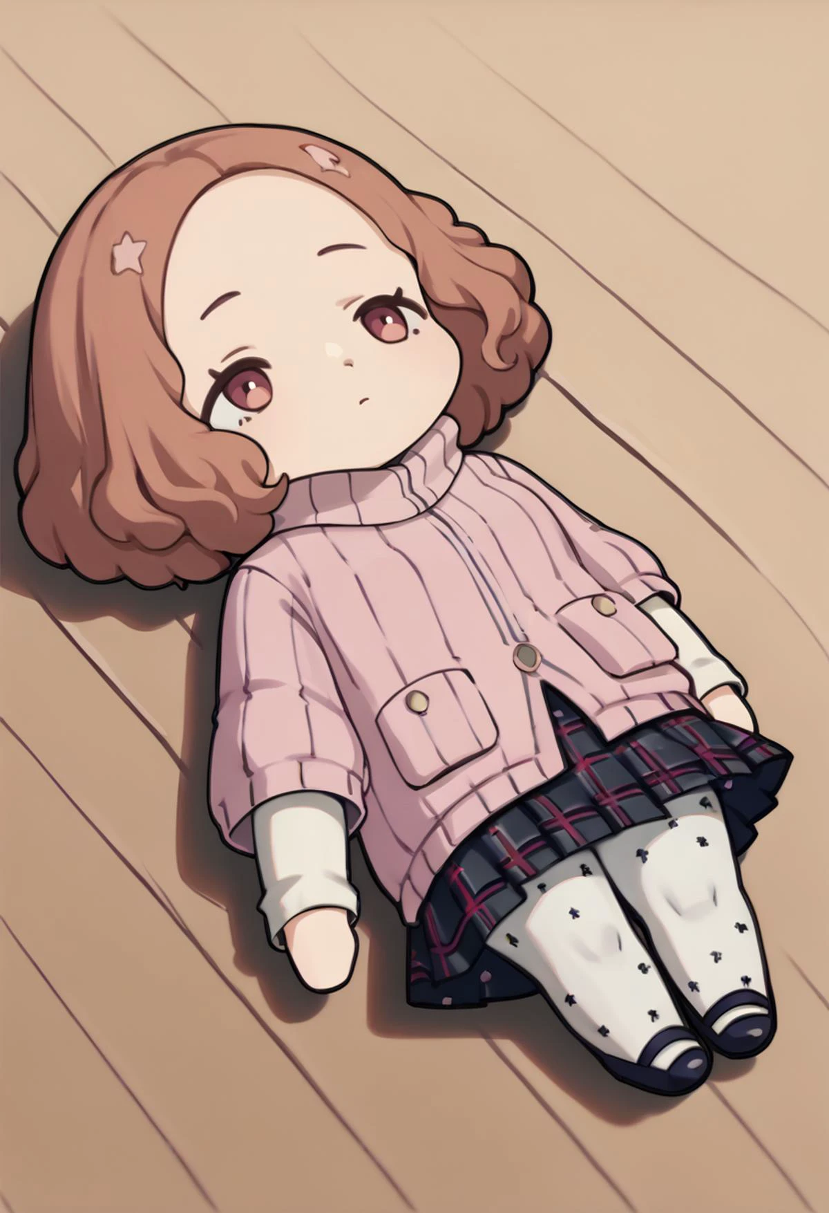 score_9, score_8_up, score_7_up, source_anime, 1girl, <lora:QiqiFallen_XLPD:1.2> QiqiFallen, lying, on back, chibi, <lora:HaruP5-pdxl:1> defHaru, short hair, pink ribbed sweater, turtleneck sweater, short over long sleeves, plaid skirt, pleated skirt, print pantyhose, mary janes, wooden floor