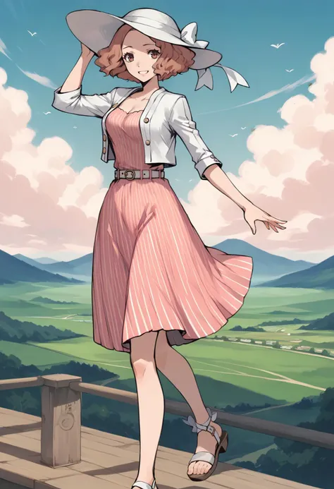 score_9, score_8_up, score_7_up, source_anime, BREAK 1girl, looking at you, smile, happy, <lora:HaruP5-pdxl:1> p5sHaru, short hair, sun hat, white hat bow, pink dress, striped dress, cleavage, white jacket, cropped jacket, open clothes, white belt, belt buckle, sandals, wind, thighs, outdoors, sky, hill, cloud