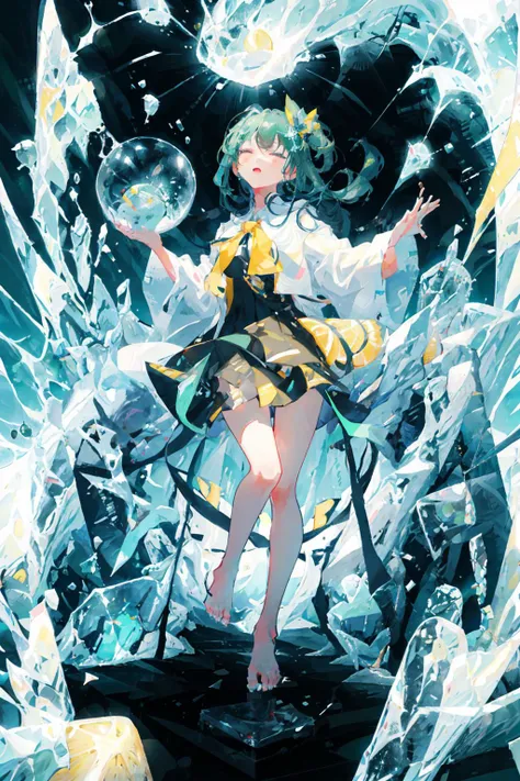 (masterpiece:1.3),(best quality:1.2),8k,absurdres,unity 8k wallpapper,(extremely detailed:1.3),highestres,
1girl,(floating:1.3),standing,in_ice_cube,looking at viewer,table,(on table:1.2),mint,half green lemon,miniature,tilt shift, barefoot, <lora:in_ice_cube-10:0.8> ,full body, closed eyes,(ice cube), blur,(girl in bowl:1.2),floating ice,(translucent:1.4)