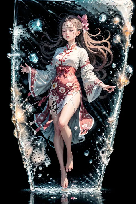 (masterpiece:1.3),(best quality:1.2),8k,absurdres,unity 8k wallpapper,(extremely detailed:1.3),highestres,
1girl,(floating:1.3),standing,in_ice_cube,tilt shift,barefoot ,full body, closed eyes,(ice cube), blur,(girl in bow:1.2),floating ice <lora:in_ice_cube:0.7>,pink chinese traditional clothes,