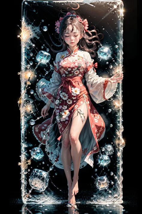 (masterpiece:1.3),(best quality:1.2),8k,absurdres,unity 8k wallpapper,(extremely detailed:1.3),highestres,
1girl,(floating:1.3),standing,in_ice_cube,tilt shift,barefoot ,full body, closed eyes,(ice cube), blur,(girl in bow:1.2),floating ice <lora:in_ice_cube:0.7>,pink chinese traditional clothes,