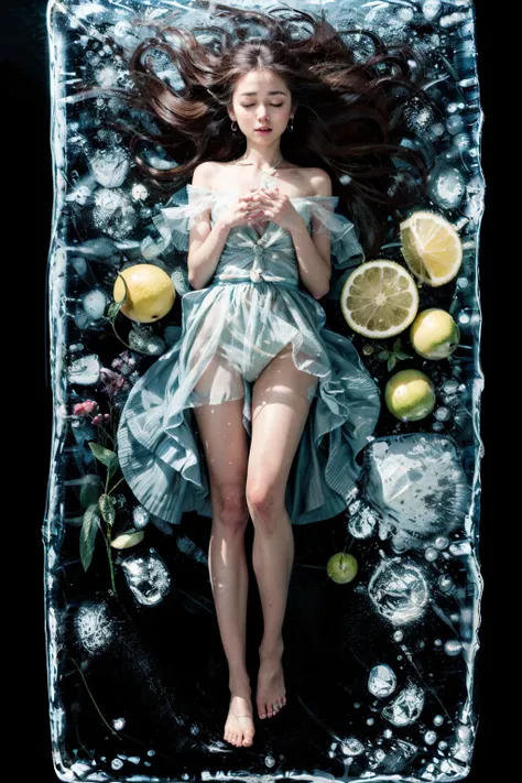 (masterpiece:1.3),(best quality:1.2),8k,absurdres,unity 8k wallpapper,(extremely detailed:1.3),highestres,
1girl,(floating:1.3),standing,in_ice_cube,looking at viewer,table,(on table:1.2),mint,half green lemon,miniature,tilt shift, barefoot, <lora:in_ice_cube-10:0.9> ,full body, closed eyes,(ice cube), (blur:1.2),(translucent:1.2),bubbles in ice,refraction,