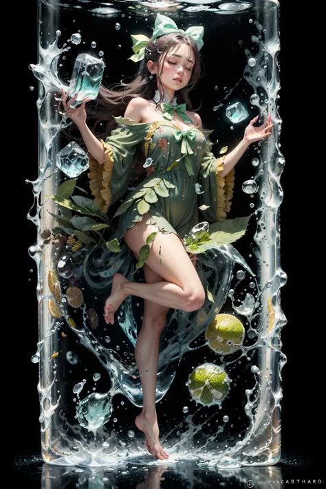 (masterpiece:1.3),(best quality:1.2),8k,absurdres,unity 8k wallpapper,(extremely detailed:1.3),highestres,
1girl,(floating:1.3),standing,in_ice_cube,looking at viewer,table,(on table:1.2),mint leaf,half green lemon,miniature,tilt shift, <lyco:miniature_V1:0.4>,barefoot, <lora:in_ice_cube-07:0.4> ,full body, closed eyes,(ice cube), blur,(girl in bow:1.2),floating ice