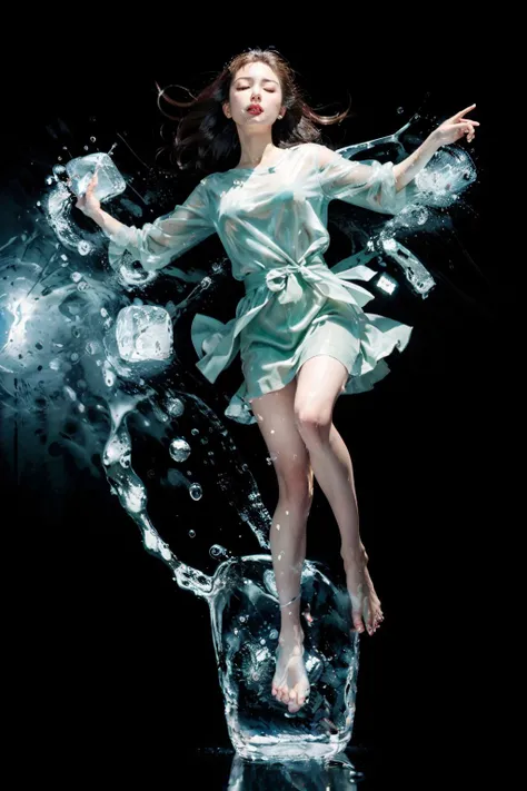 (masterpiece:1.3),(best quality:1.2),8k,absurdres,unity 8k wallpapper,(extremely detailed:1.3),highestres,
1girl,(floating:1.3),standing,in_ice_cube,looking at viewer,table,(on table:1.2),mint,half green lemon,miniature,tilt shift, barefoot, <lora:in_ice_cube-10:0.8> ,full body, closed eyes,(ice cube), (blur:1.2),floating ice,(translucent:1.2),