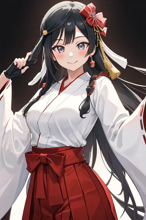 best quality, masterpiece, highres, solo, {white kimono:1.35}, {red hakama:1.35}, {wide sleeves:1.20}, {yuuki_setsuna_loveliveschoolidolfestivalallstars:1.15}, black_hair, long_hair, bangs, grey_eyes, smile, sidelocks, one_side_up, breasts, blush, black_eyes, hair_ornament, medium_breasts