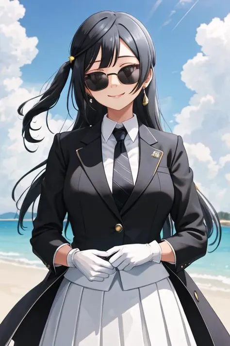 best quality, masterpiece, highres, solo, {black business suit:1.40}, {tie:1.20}, {sunglasses:1.25}, {white gloves:1.15}, {white shirt:1.10}, {black skirt:1.15}, {smoking:1.20}, handsome, {yuuki_setsuna_loveliveschoolidolfestivalallstars:1.15}, black_hair, long_hair, bangs, grey_eyes, smile, sidelocks, one_side_up, breasts, blush, black_eyes, hair_ornament, medium_breasts
