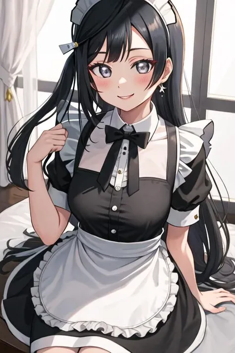 best quality, masterpiece, highres, solo, {maid:1.40}, {long maid dress:1.15}, {yuuki_setsuna_loveliveschoolidolfestivalallstars:1.15}, black_hair, long_hair, bangs, grey_eyes, smile, sidelocks, one_side_up, breasts, blush, black_eyes, hair_ornament, medium_breasts