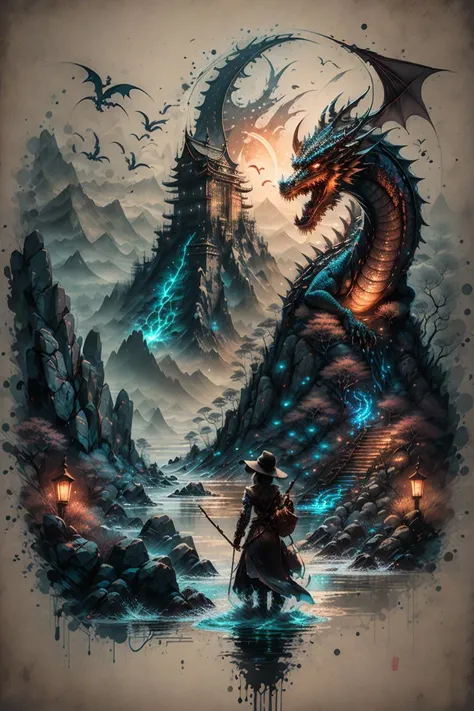<lora:Calligraphy-ink-style-darquelilly-v1:1> calligraphyinkstyle, 1girl, dragon, volumetric lighting, night time, dragon scales, black background