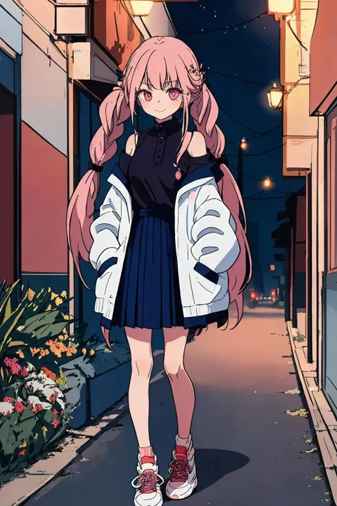 1girl, solo, heart, skirt, spoken heart, long hair, twin braids, braid, outdoors, pink hair, shoes, looking at viewer, jacket, sneakers, pleated skirt, white jacket, blue skirt, closed mouth, bright pupils, white footwear, white pupils, standing, very long hair, smile, red eyes, twintails, full body, off shoulder, pink eyes, hair ornament, bangs, night, shirt,outdoor, <lora:foxv1:1>