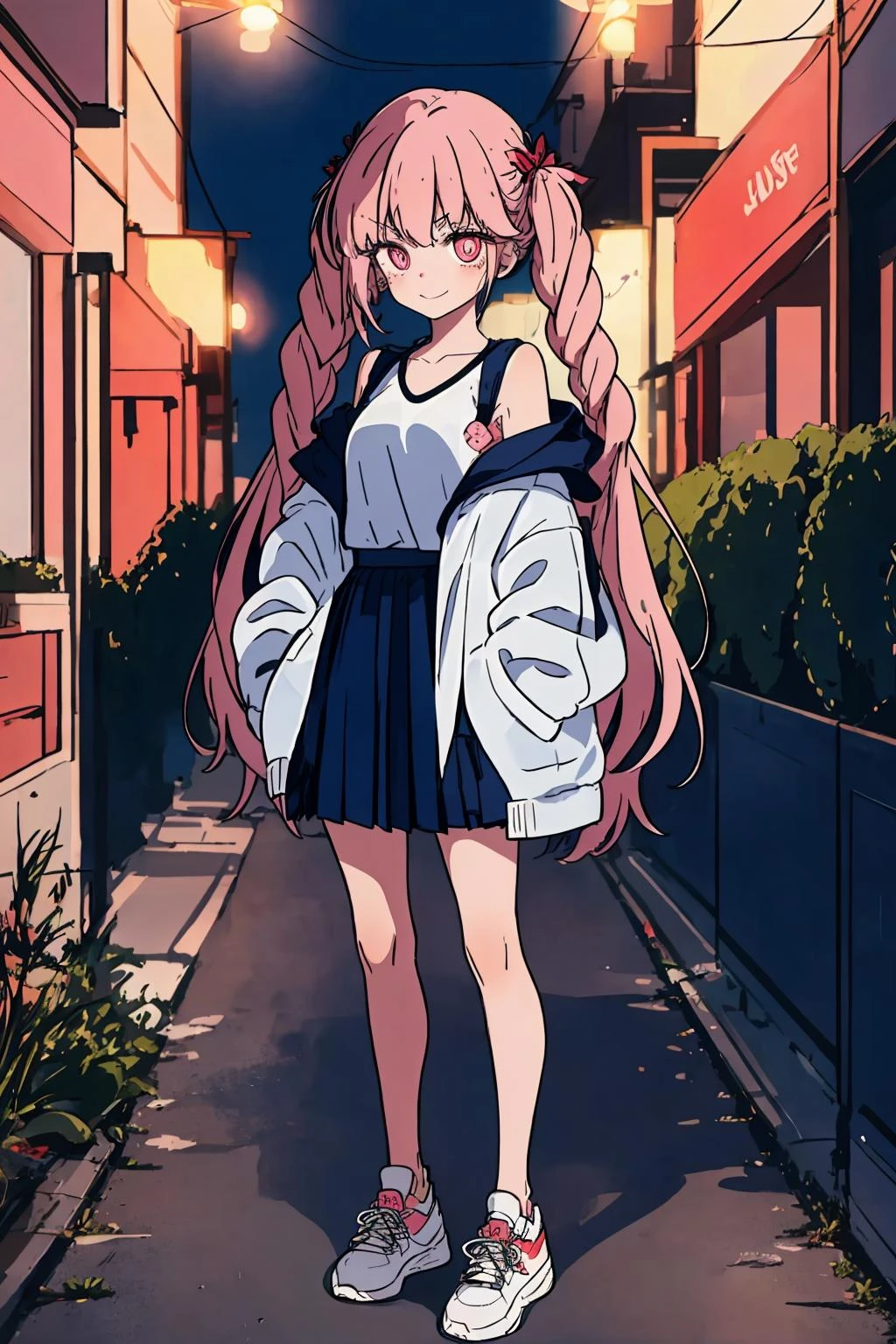1girl, solo, heart, skirt, spoken heart, long hair, twin braids, braid, outdoors, pink hair, shoes, looking at viewer, jacket, sneakers, pleated skirt, white jacket, blue skirt, closed mouth, bright pupils, white footwear, white pupils, standing, very long hair, smile, red eyes, twintails, full body, off shoulder, pink eyes, hair ornament, bangs, night, shirt,outdoor, <lora:foxv1:1>