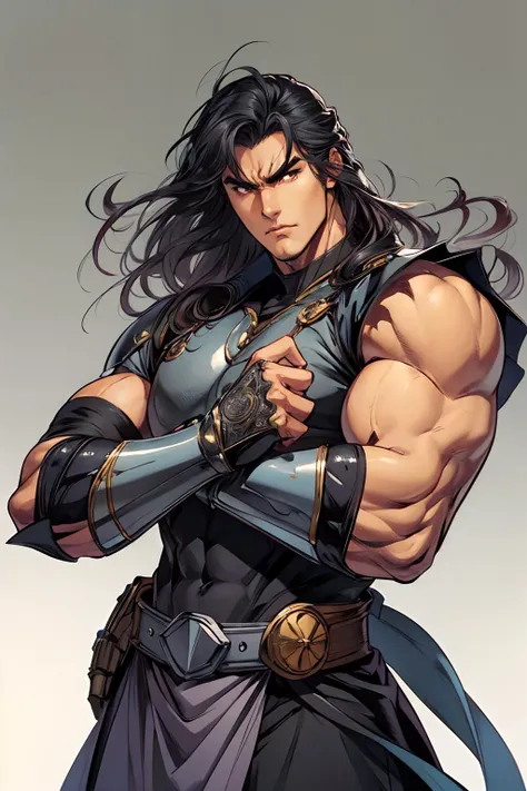best quality,masterpiece,highly detailed,ultra-detailed,(Gauntlets),An armor made of metal gloves,<lora:HKmanga>,hkmanga,male focus,1boy,solo,black hair,muscular,looking at viewer,simple background,