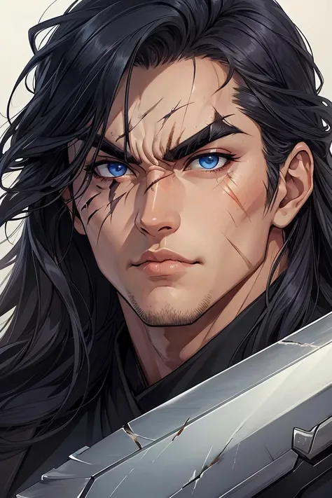 best quality,masterpiece,highly detailed,ultra-detailed, solo, black hair, 1male, portrait, looking at viewer, blue eyes, close-up, scar, lips, closed mouth, serious, scar on face, long hair, weapon, thick eyebrows <lora:HKmanga:0.8> hkmanga,