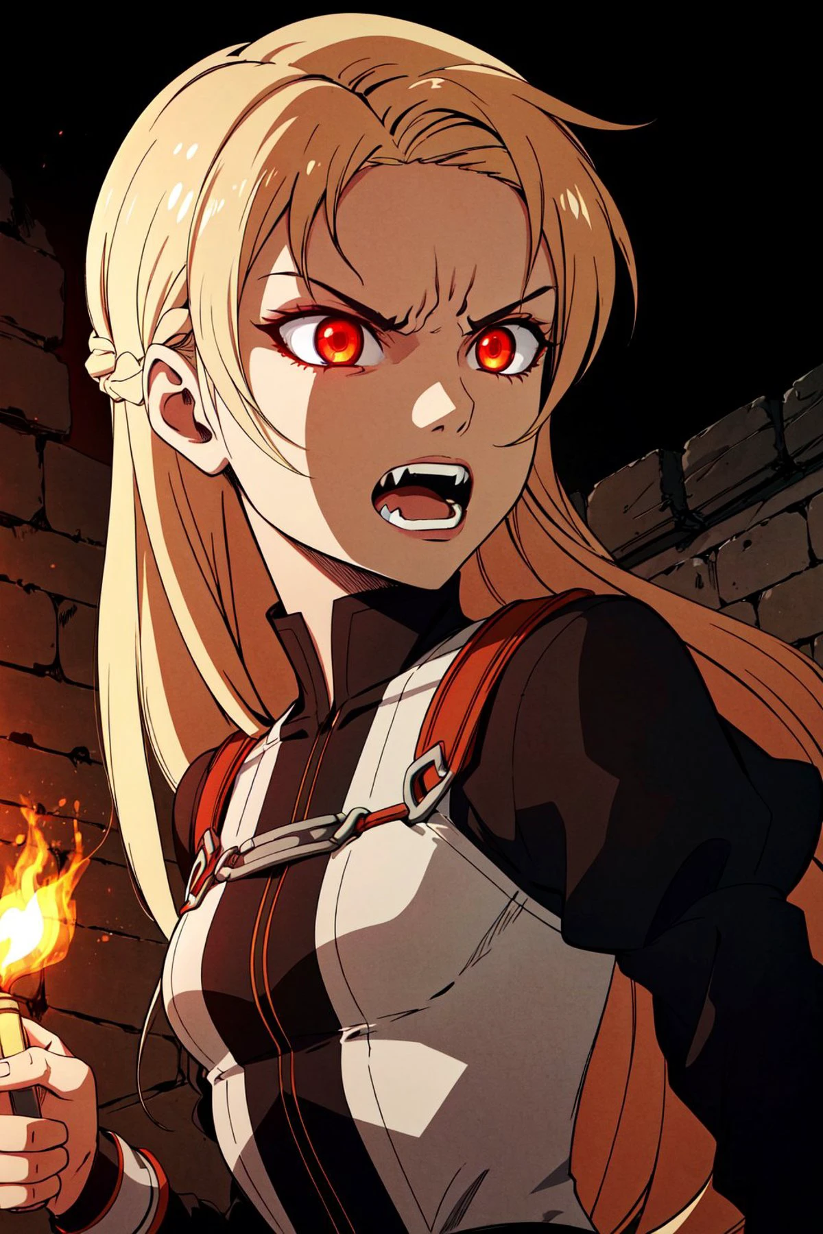 (masterpiece, best quality, high quality, highres), <lora:AnimeRage:0.6>, <lora:asuna2:0.8> ,rage,1girl, evil eyes, knight, blond hair, brown glowing eyes, upper body, small breasts, castle, torch
