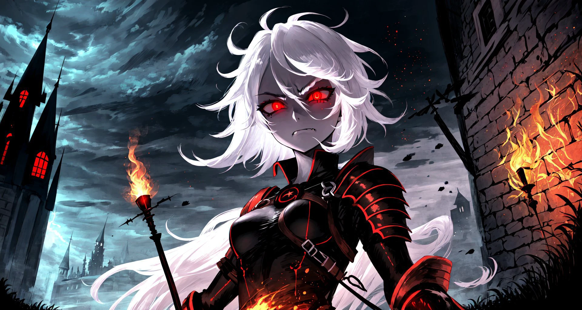 (masterpiece, best quality, high quality, highres), <lora:AnimeRage:0.6>, <lora:AbstractDarkFantasy:0.8> ,rage,1girl, evil eyes, knight, white hair,closed mouth, brown glowing eyes, upper body, small breasts, castle, torch,