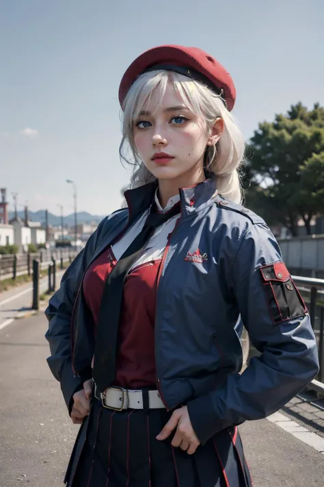Best quality, masterpiece, ultra high res, (photorealistic:1.4), 1girl, light frown, serious, original outfit, upper body, hands on hip,  red beret, white hair, blue jacket, red shirt, pleated skirt, blue eyes, tactical clothes, european<lora:RussianDollV3:0.2>   <lora:add_detail:0.1> <lora:ots_20230601234058:0.7>