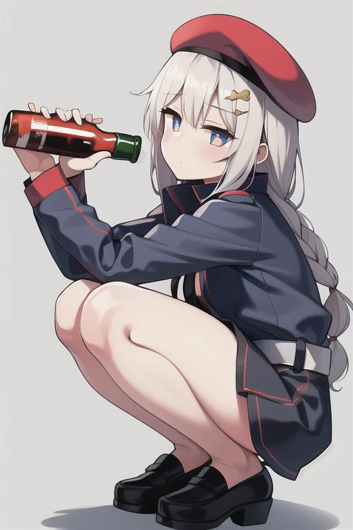 1girl,solo,beret,slav squatting,shamare,legs apart,squatting,simple city background,holding bottle of alcohol,cowboy shot,
<lora:OTs12_GFL:0.7>, <lora:XX-siitake-eye:0.5>,