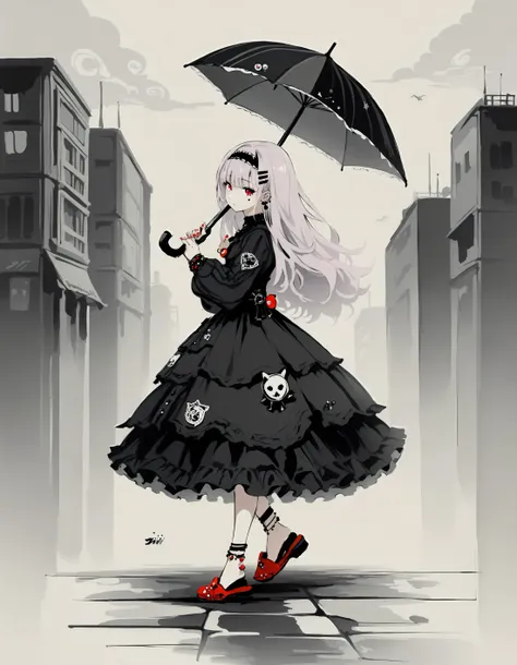 score_9, score_8_up, score_7_up, score_6_up, score_5_up, score_4_up, <lora:Sumi-ePonyXL:1>, full body, sumi-e, monochrome, 1girl, sticker, radiant, sticker on face, holding umbrella, gothic, gothic fashion, side view, shoes, red slippers, walking, umbrella, halo, frilly dress, frilly dress, intricate clothing, brooch, ring, bracelet, anklet, hair accessory, hair, long hair, sidelocks, lavender hair, ear piercing, hair ornament, hairclip, hands up, long sleeves, looking at viewer, multicolored nails, piercing, multicolored eyes, red nails, sleeves past wrists, solo, headband, city